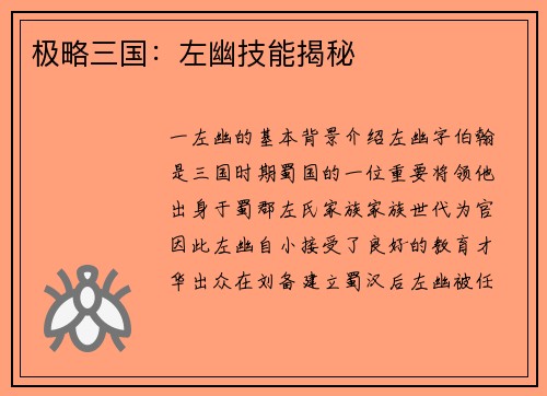 极略三国：左幽技能揭秘